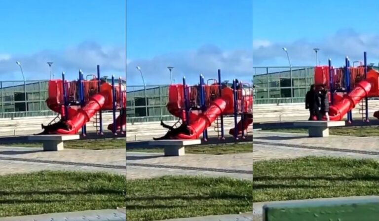 Captan insólito momento del presidente Boric: Quedó atrapado en tobogán para niños en Punta Arenas