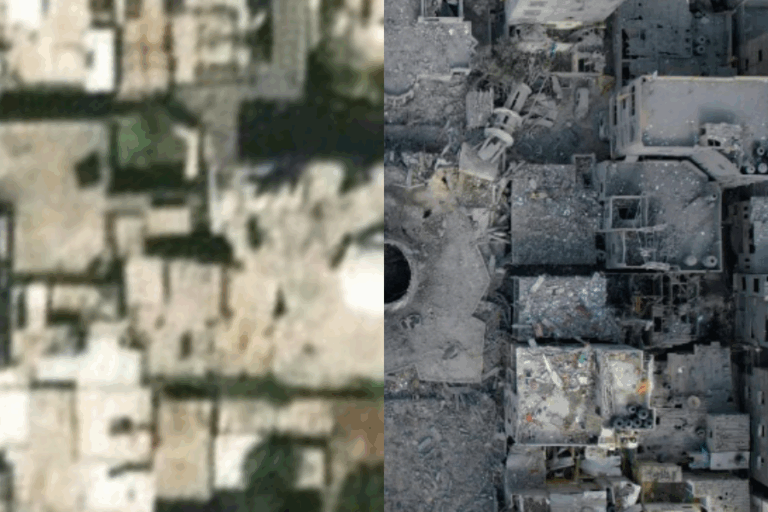 Imágenes muestran el antes y el después de una mezquita en Gaza tras los ataques aéreos de Israel