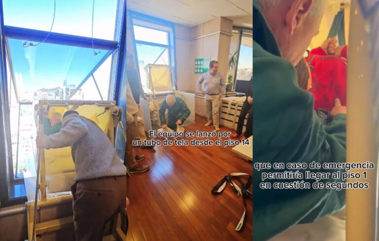 Embajada de Suiza realizó particular simulacro de emergencia: Trabajadores se lanzaron por un tobogán desde piso 14