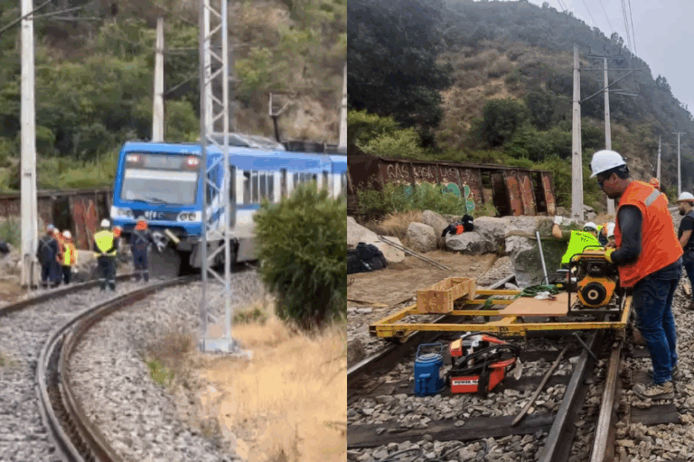 Roca cayó en vías del Metro de Valparaíso y descarriló uno de los trenes del servicio: Equipos trabajan para removerla