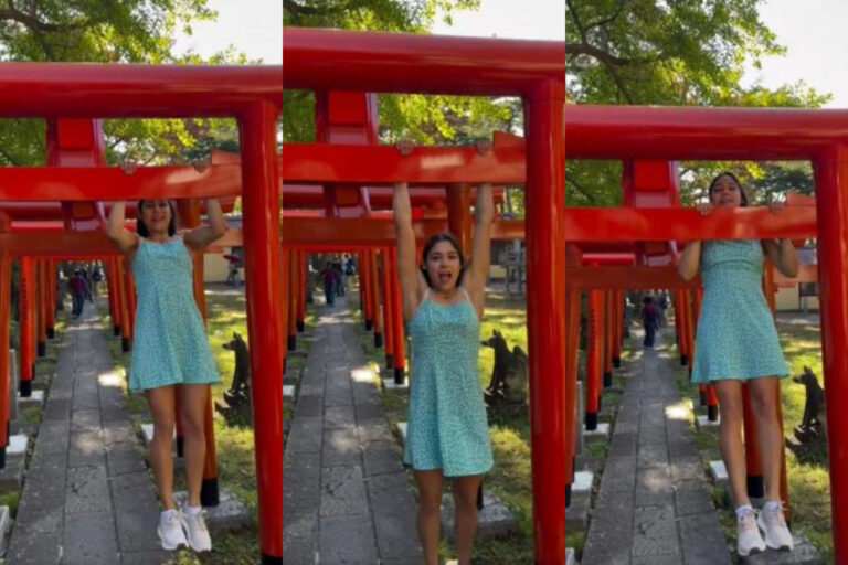 Causó indignación: Influencer chilena se vuelve viral en Japón por hacer ejercicio en un torii, símbolo sagrado del país