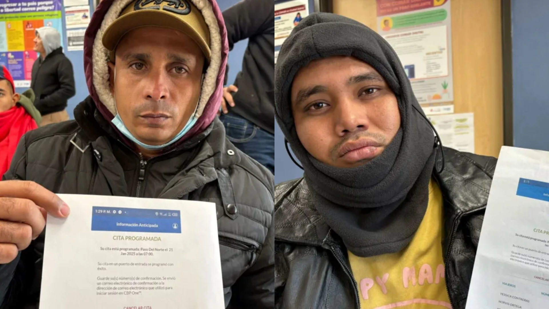 A la izquierda, Erlianny Colombie, de Cuba, sostiene la confirmación de su cita de CBP One para el martes 21 de enero. A la derecha, el migrante venezolano José Guillermo Cabrera muestra la confirmación de su cita de CBP One para el martes 21 de enero. Abel Alvarado/CNN.