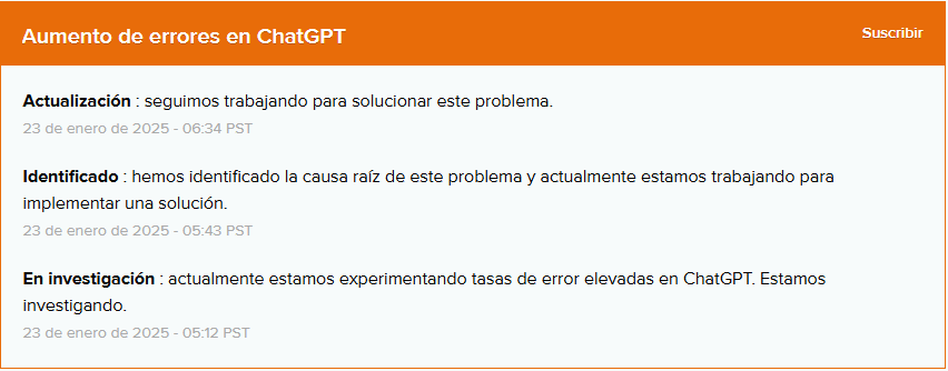 Usuarios reportan caída de ChatGPT a nivel mundial. Captura