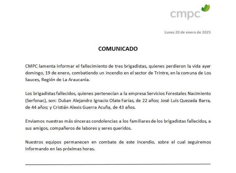 Tres brigadistas muertos y decenas de evacuados tras incendio forestal en la Región de la Araucanía