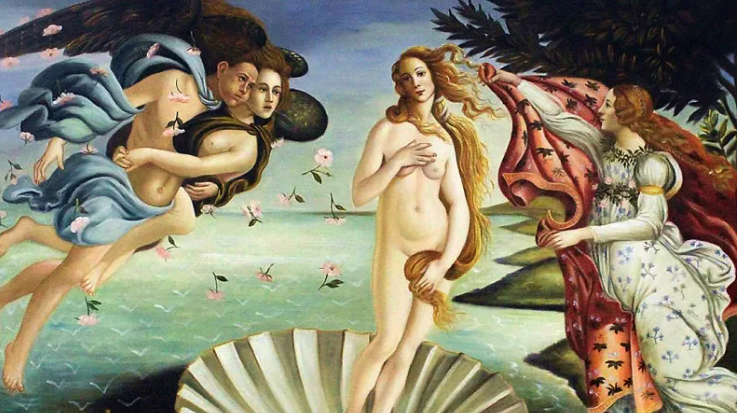 "El nacimiento de Venus" de Sandro Botticelli (1484-86) Botticelli recibió el encargo de la famosa familia Medici para realizar esta obra. En ella se representa a la diosa del amor como un modelo idealizado de perfección y pureza, de pie sobre una concha de vieira gigante.