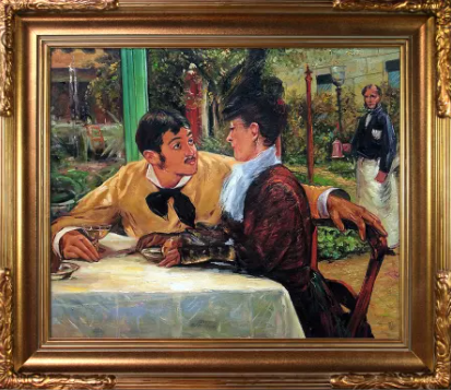 "Chez le Père Lathuille" de Édouard Manet (1879) Esta escena sobria y cotidiana muestra una expresión más modesta del deseo. Pero la pasión de la pareja es evidente en sus miradas profundas y en la posición de sus cuerpos. El modelo del joven era el hijo del dueño del café y la joven había sido modelada por dos personas diferentes.