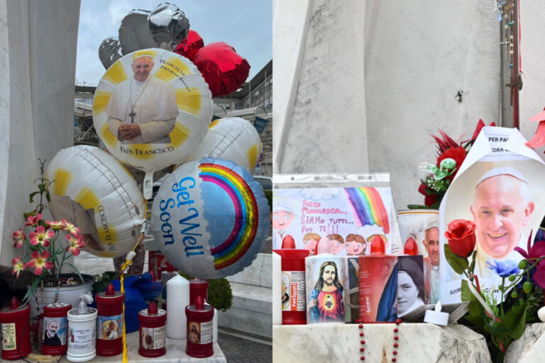 Globos, flores, oraciones y dibujos de niños: El altar improvisado al papa Francisco en el hospital sigue creciendo