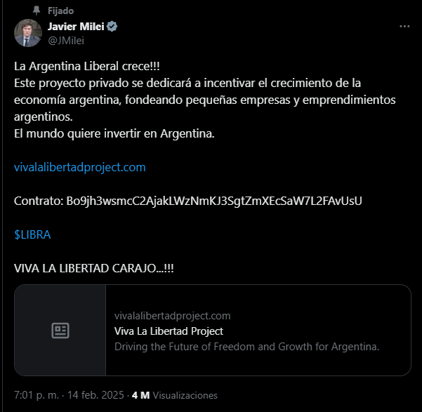Tuit del presidente Javier Milei. Posteriormente eliminó su publicación. Captura 