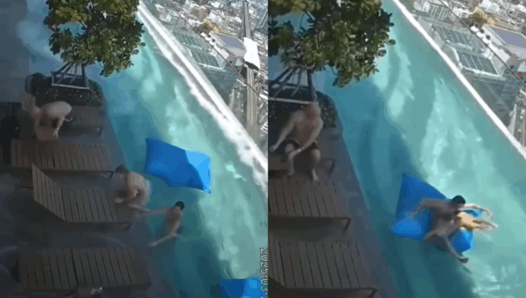 Salvados de milagro: Turistas casi caen de edificio con piscina en hotel de Bangkok por olas provocadas por el terremoto