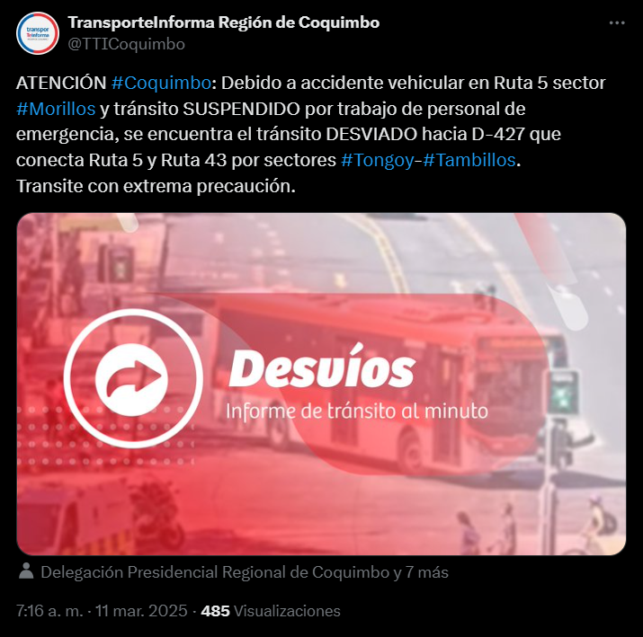 Accidente de tránsito en Ruta 5 en Coquimbo/TransporteInforma
