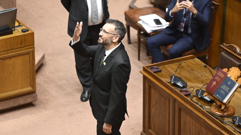 Tomás de Rementería jura en el Senado con guiño a Isabel Allende y acompañado de la diputada Cariola