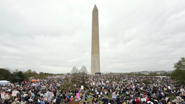 Manifestantes se congregaron en el Monumento a Washington para protestar contra Donald Trump.