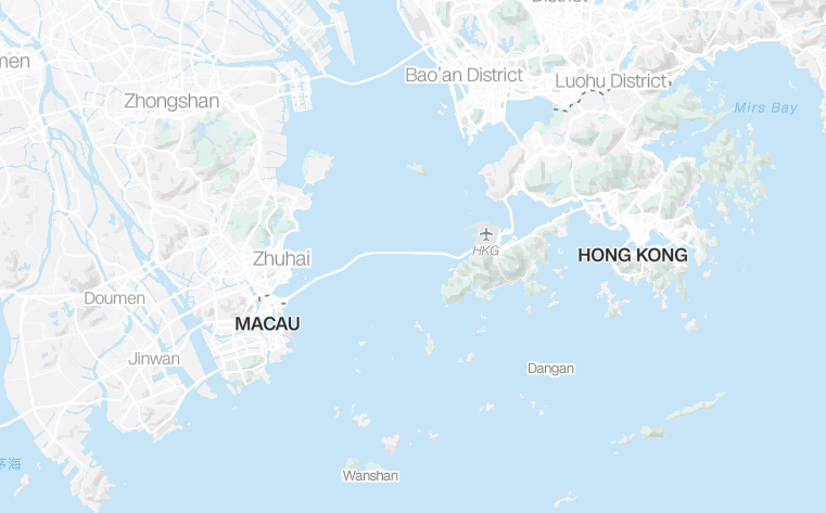 Mapa que muestra la distancia entre Macao y Hong Kong