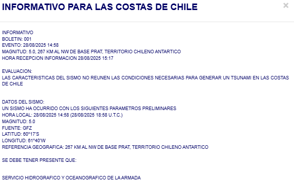 SHOA descarta riesgo de tsunami en costas de Chile tras temblor en cercanías de Base Prat en la Antártica/SHOA