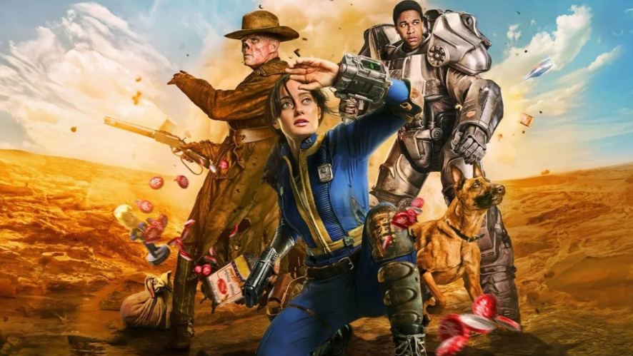 Walton Goggins, Ella Purnell y Aaron Moten en una imagen promocional de la temporada 2 de "Fallout" (2025). Cortesía Prime Video