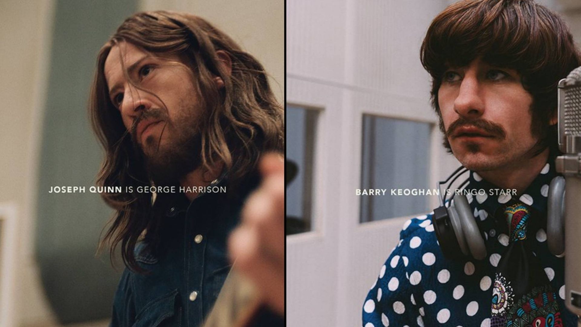 A la izquierda Joseph Quinn, quien tendrá el rol de George Harrison y a la derecha, Barry Keoghan como Ringo Starr. (@thebeatles en X)
