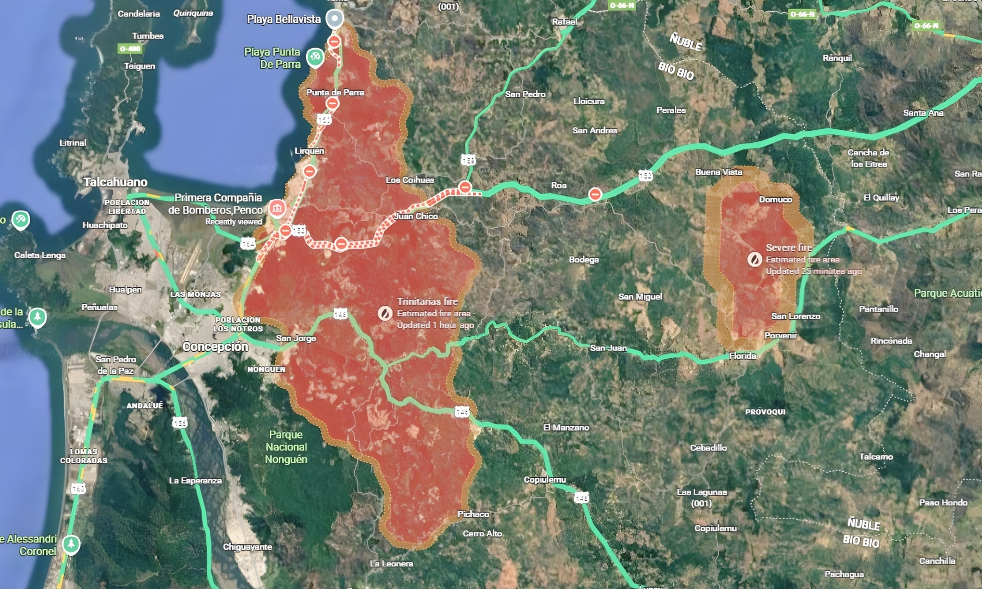 Revisa el mapa en tiempo real del avance de los incendios forestales en Ñuble y Biobío