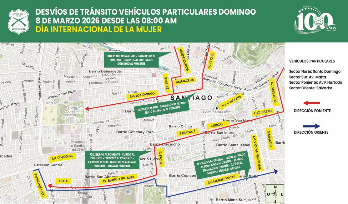 8M: Disponen desvíos de tránsito en el centro de Santiago, Providencia y Recoleta por marchas/Carabineros