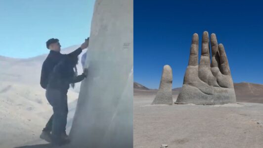 Captan a tres personas vandalizando la Mano del Desierto en Antofagasta: Empresa confirmó que los suspendieron de sus funciones