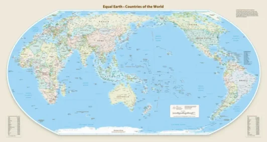 Una versión del mapa Equal Earth con Oceanía en el centro. Equal Earth