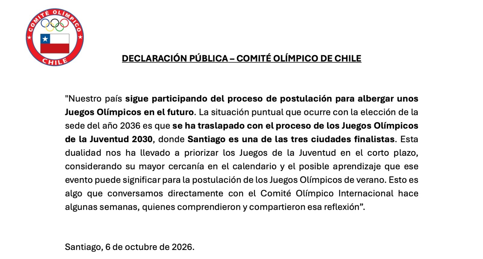 Chile bajó su candidatura para organizar los Juegos Olímpicos de 2036: Apuntaron a priorizar Juegos Olímpicos de la Juventud de 2030