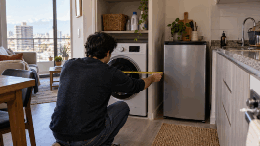 ¿Cabe una lavadora secadora y un frigobar en un departamento pequeño? Qué revisar antes del Cyber Monday 2026