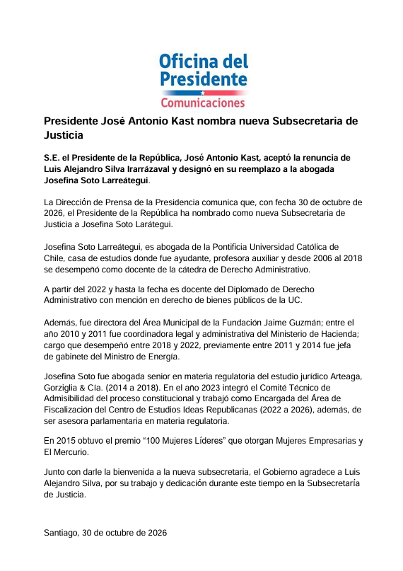 Presidente José Antonio Kast nombra nueva Subsecretaria de Justicia