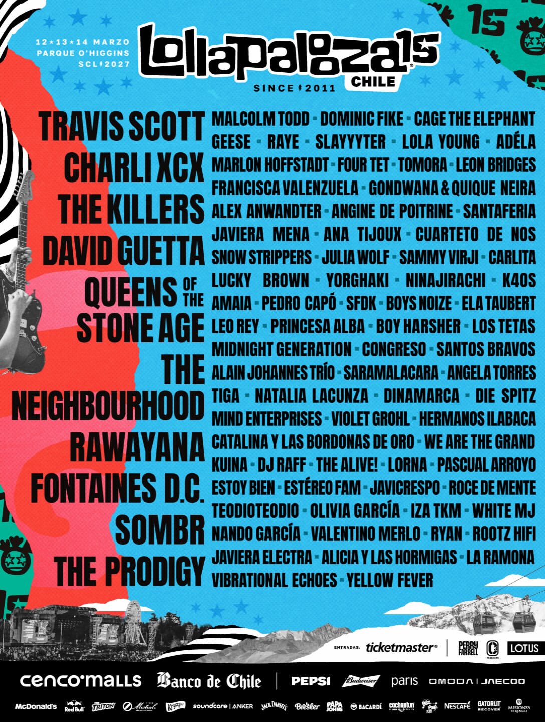 Lollapalooza Chile 2027 revela su line up: Travis Scott, Charli XCX y The Killers lideran el cartel
