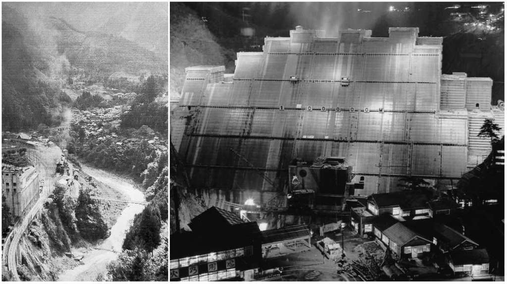 A la izquierda, una vista de Okutama en 1955 y a la derecha una vista de la construcción de la presa de Okutama, ese año. (Crédito: Okutama Town)