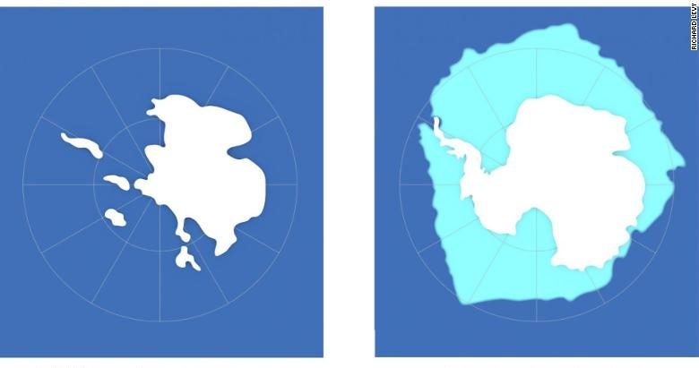 A la izquierda, la Antártida del periodo Mioceno medio sin hielo marino. A la derecha, la Antártida hoy, con hielo marino,