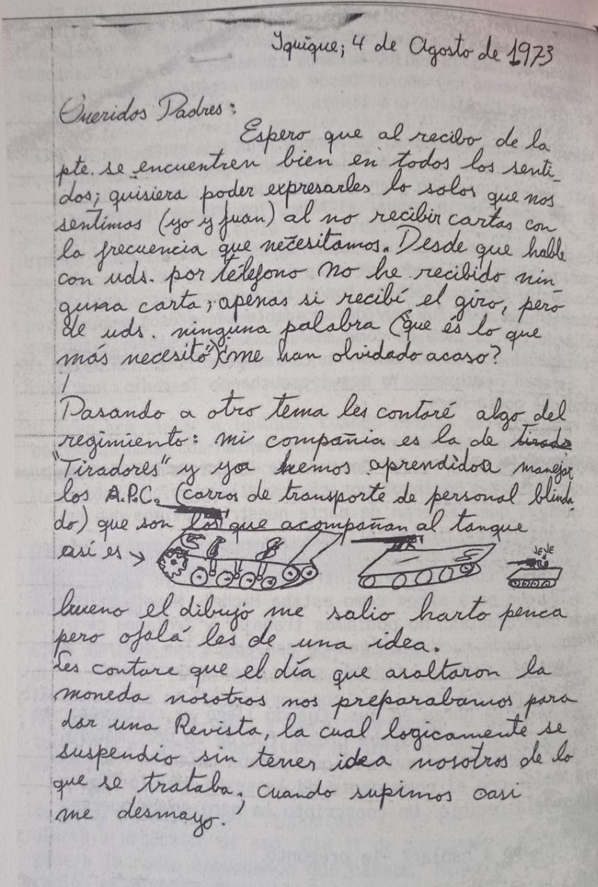 Carta de Michel Nash a su familia desde el regimiento de Iquique, agosto de 1973