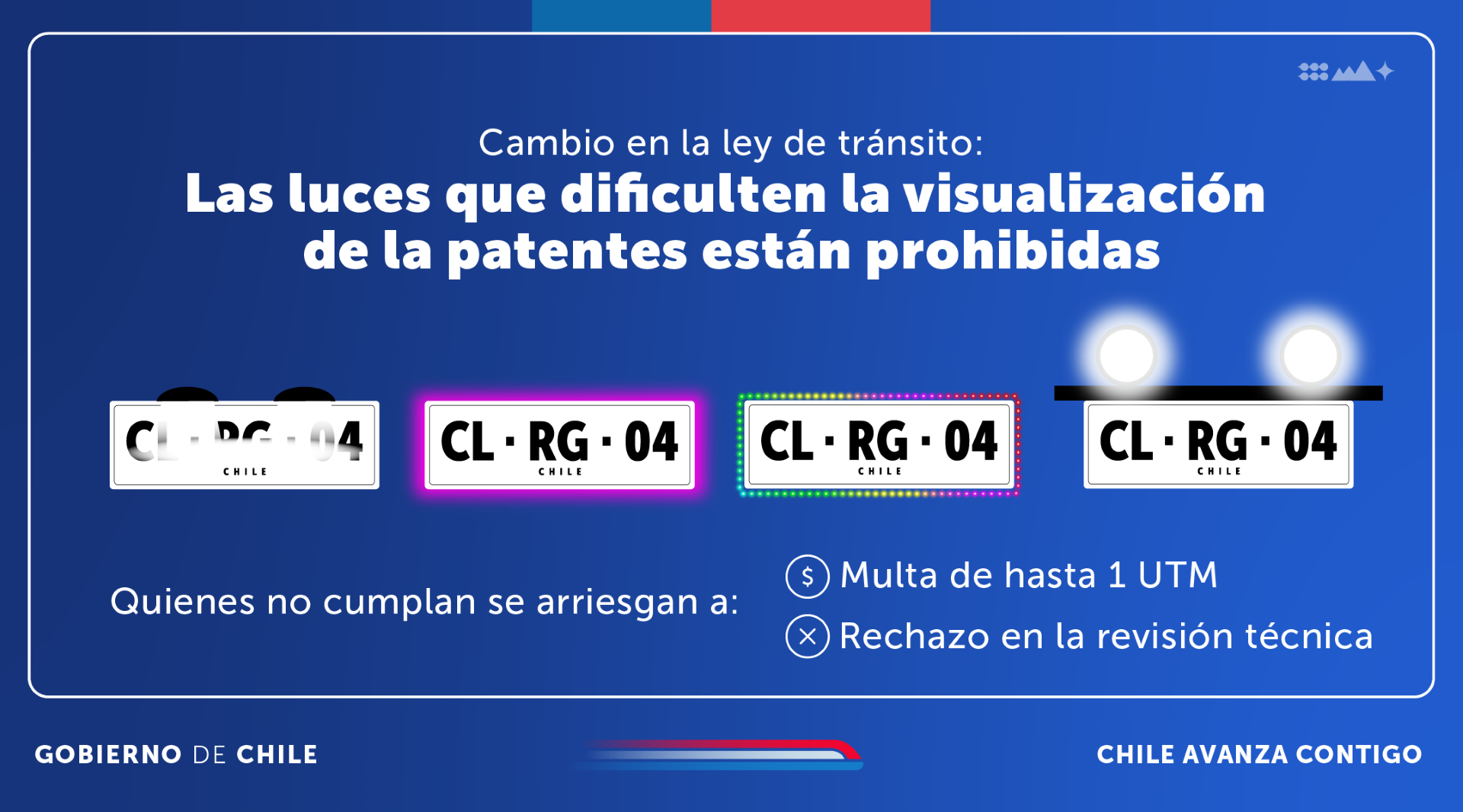 Comienza a regir normativa que prohíbe a conductores el uso de luces para tapar placas patentes/Ministerio de Transportes