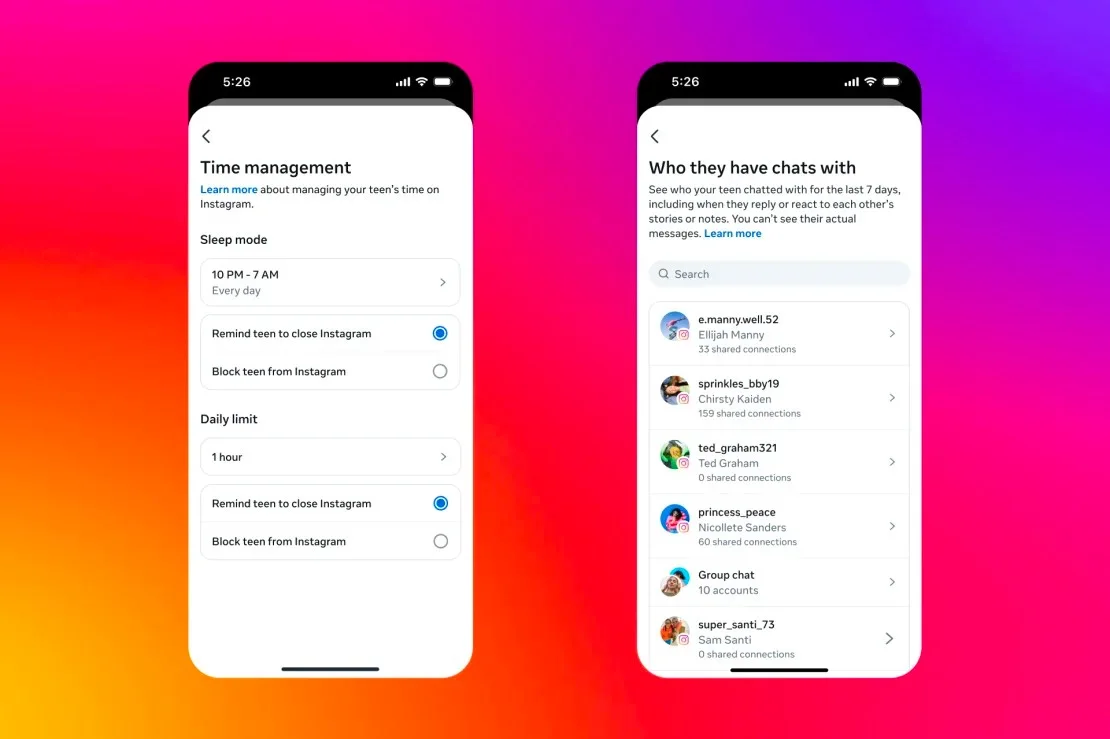 Instagram dará a los padres nuevas herramientas de supervisión, como la posibilidad de bloquear el acceso de los adolescentes a la aplicación durante la noche y de ver con quién ha estado chateando su hijo. Cortesía Meta