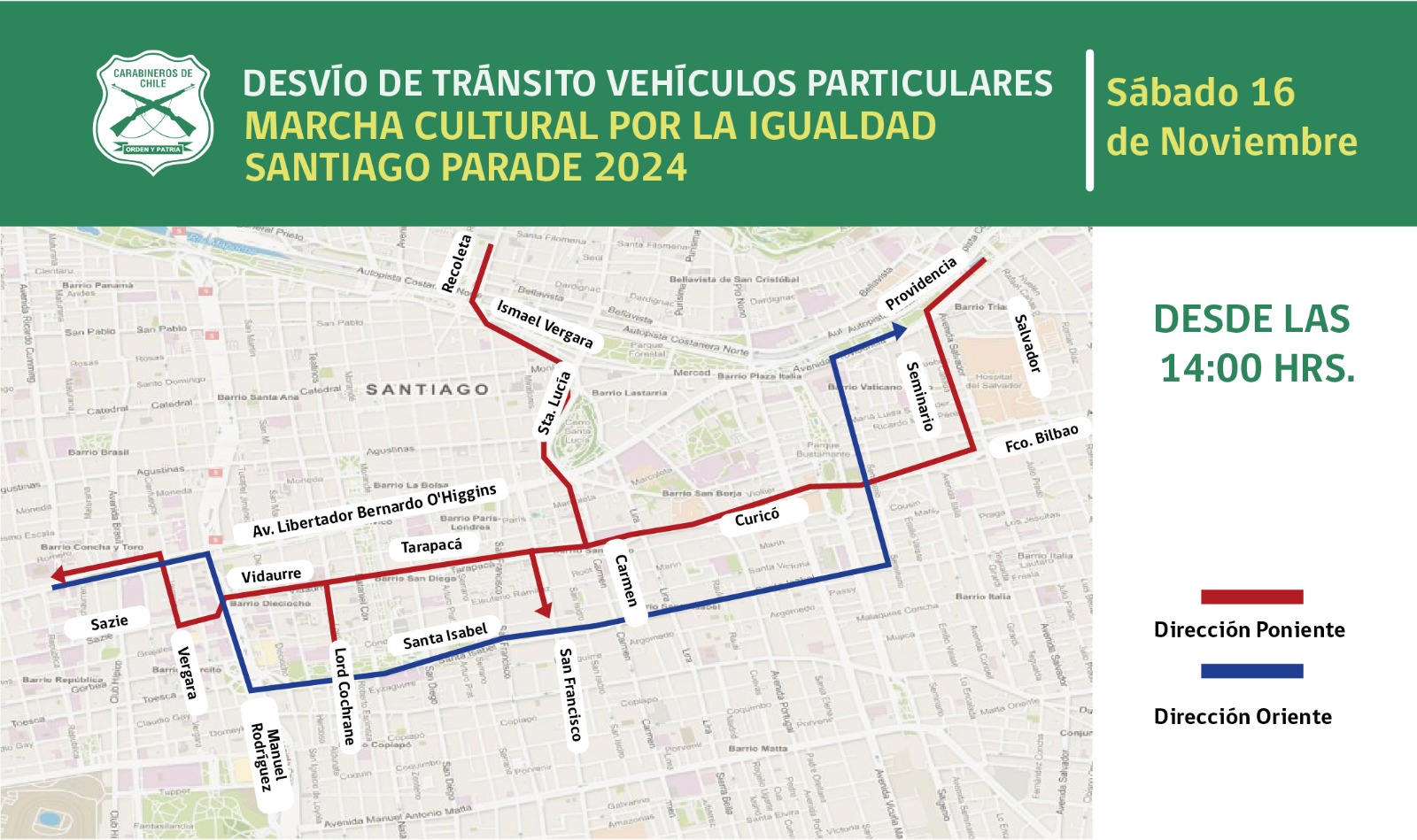 Marcha "Orgullo Parade": Revisa los desvíos de tránsito en Santiago/Carabineros