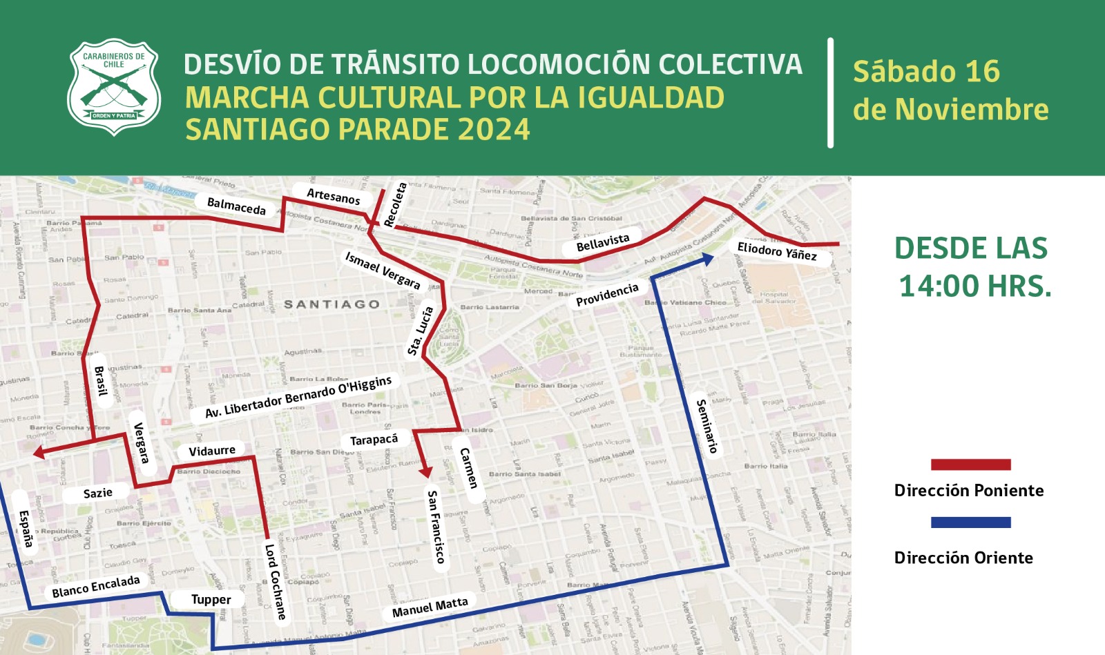 Marcha "Orgullo Parade": Revisa los desvíos de tránsito en Santiago/Carabineros