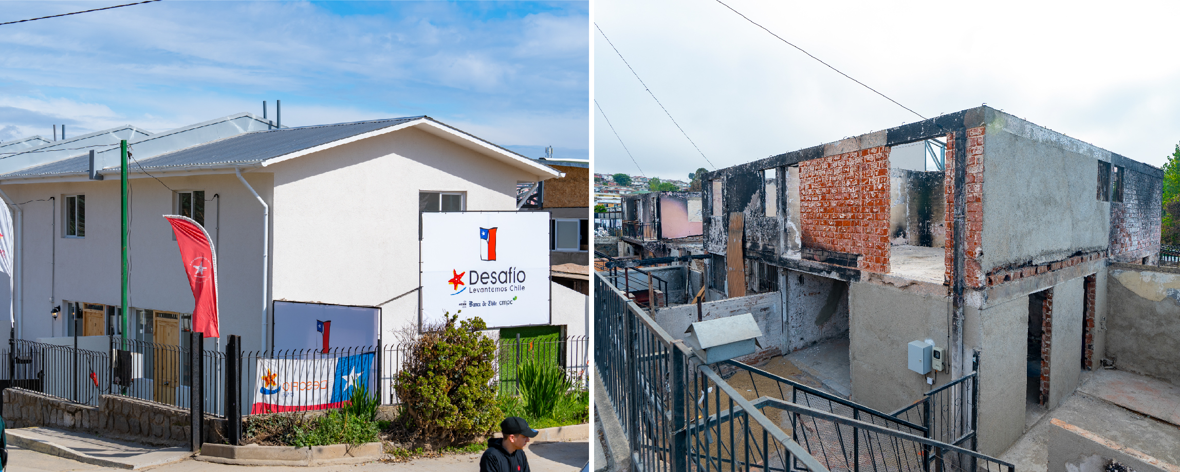 Fotografía muestra antes y después de hogares afectados por incendios forestales/Foto: Desafío Levantemos Chile