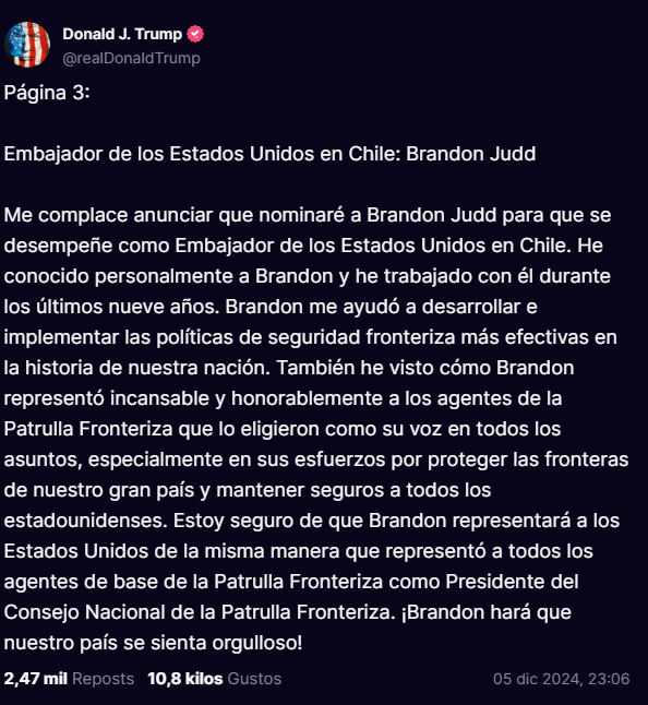 Trump nombra a Brandon Judd, exmiembro de la Patrulla Fronteriza, como embajador en Chile/Captura Truth de Donald Trump