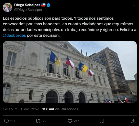 La primera medida de Mario Desbordes en Santiago: Quitó bandera mapuche y de la diversidad del frontis del Municipio