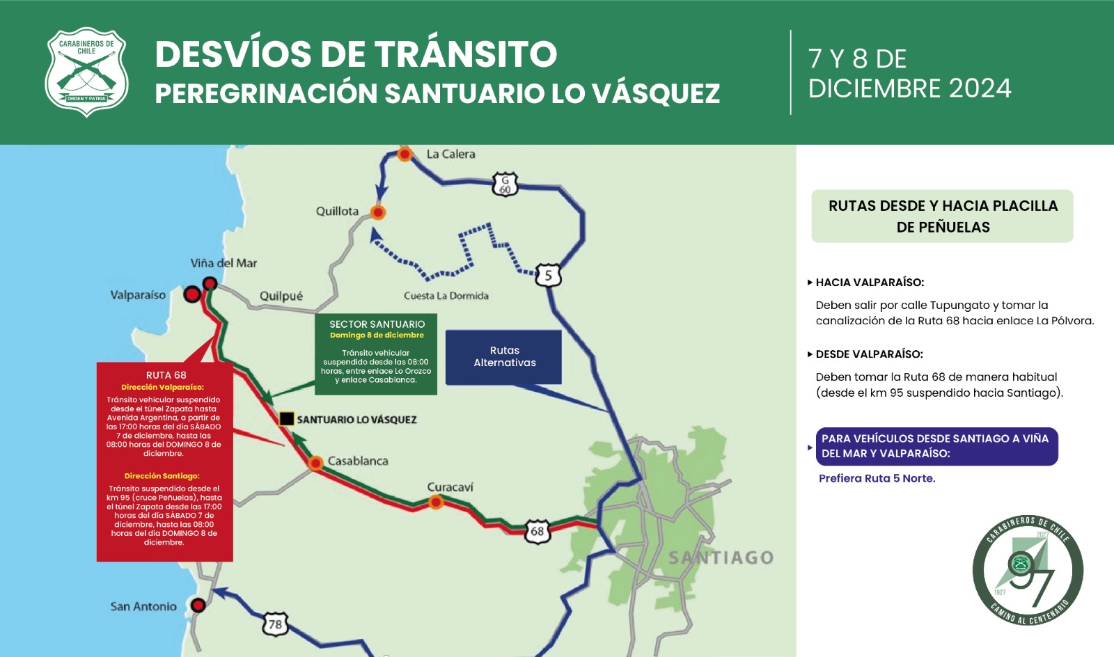 Revisa las estricciones de tránsito en Ruta 68 para la peregrinación al Santuario de Lo Vásquez/TransporteInforma