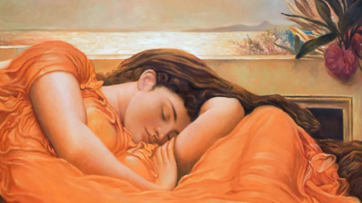 "Flaming June" de Sir Frederic Leighton (1895) Esta obra es considerada generalmente como la obra maestra de Leighton. Muestra su formación clásica y está cargada de imágenes eróticas griegas. Aunque la mujer duerme sola, los colores intensos y el vestido vaporoso crean un tono romántico.