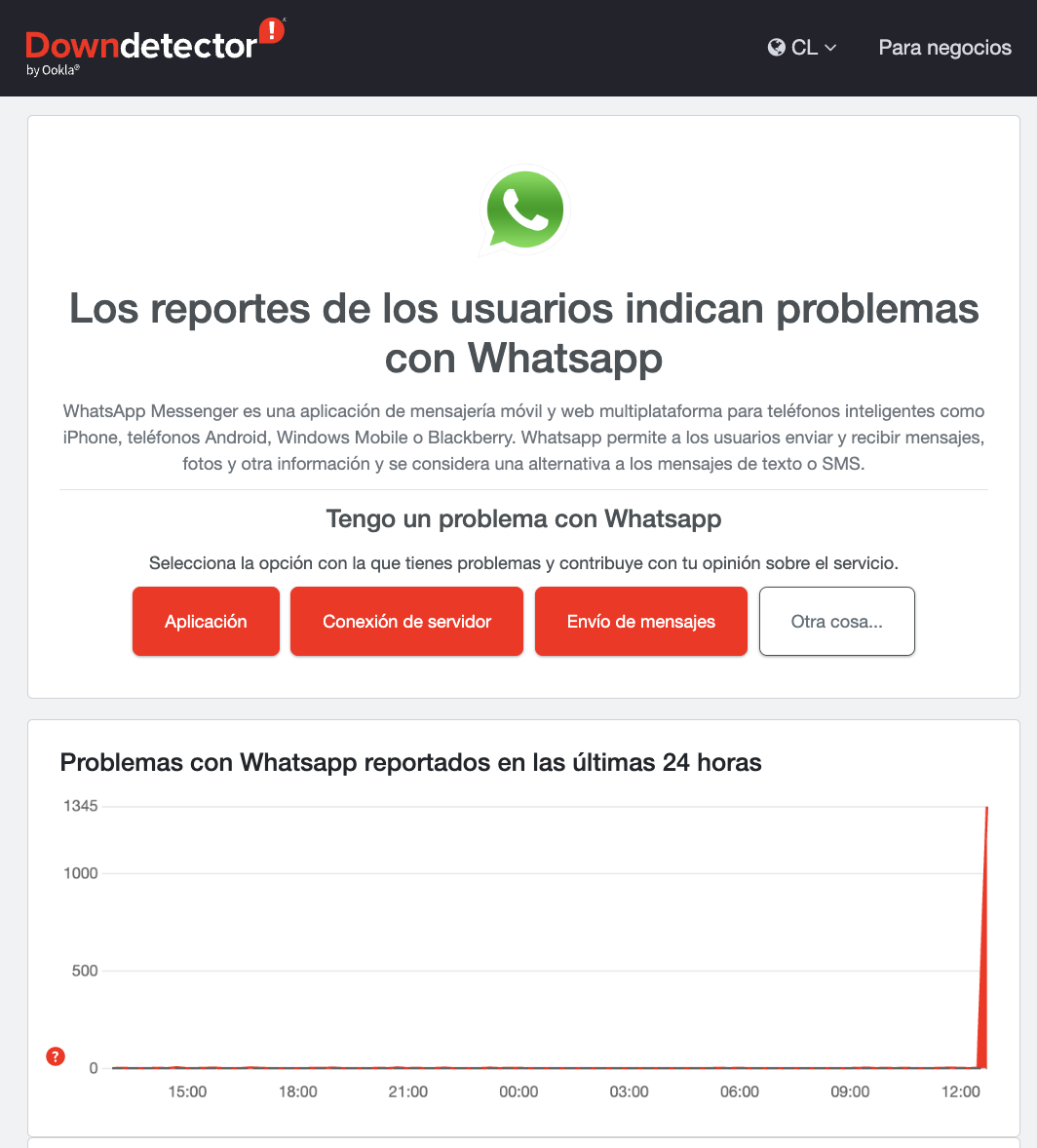 Usuarios reportan caída masiva de WhatsApp. Captura Downdetector