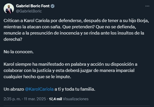 Boric sale a defender a Cariola tras fallida censura en su contra y apunta contra los "insultos de la derecha"