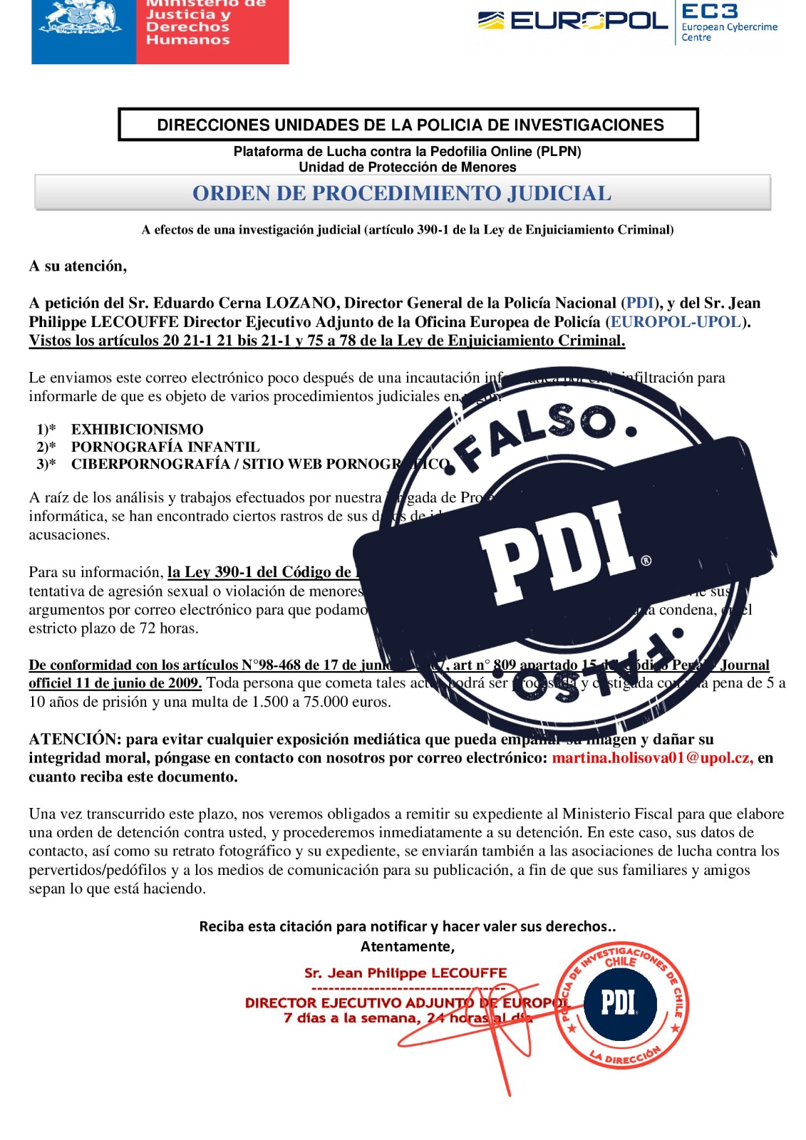 PDI alerta por correo electrónico falso que simula ser una orden de procedimiento judicial: Recomendaron no abrir links desconocidos/PDI