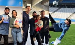 Presidente Boric visita el Claro Arena de la UC junto a su familia y se luce con una inesperada chilena en la cancha