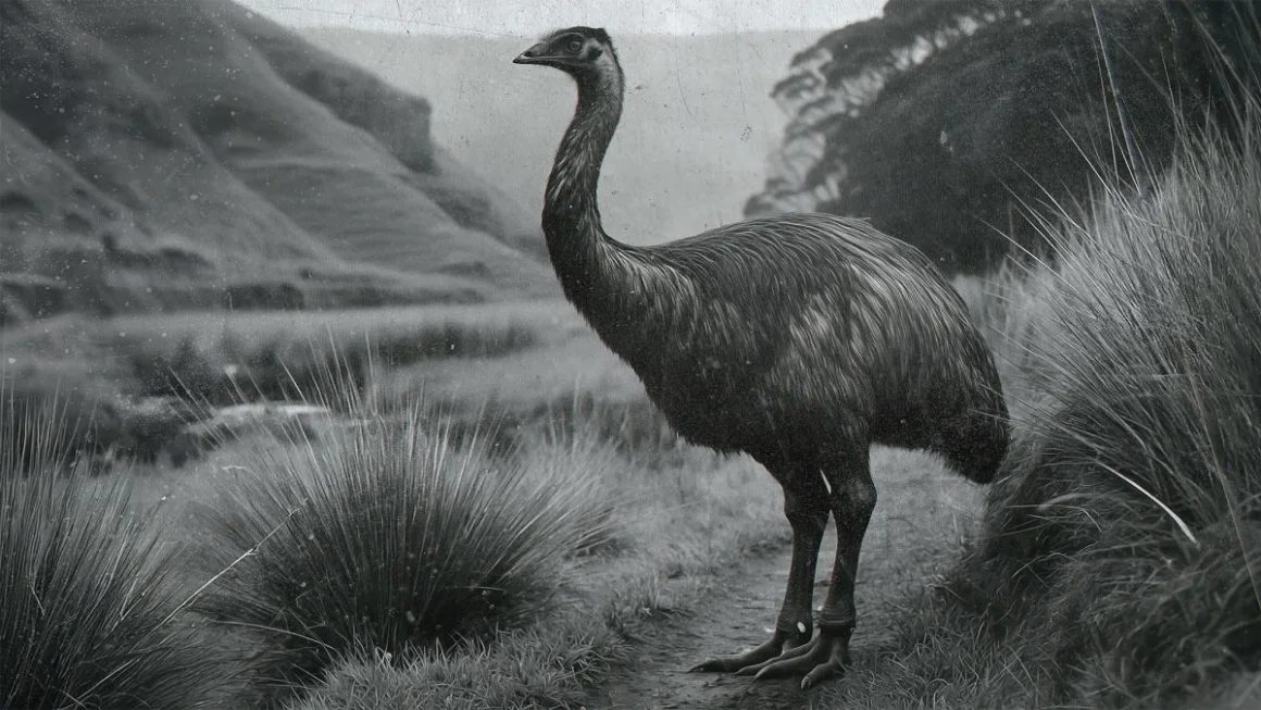 Dibujo en escala de grises del posible aspecto de una especie de moa. Colossal Biosciences