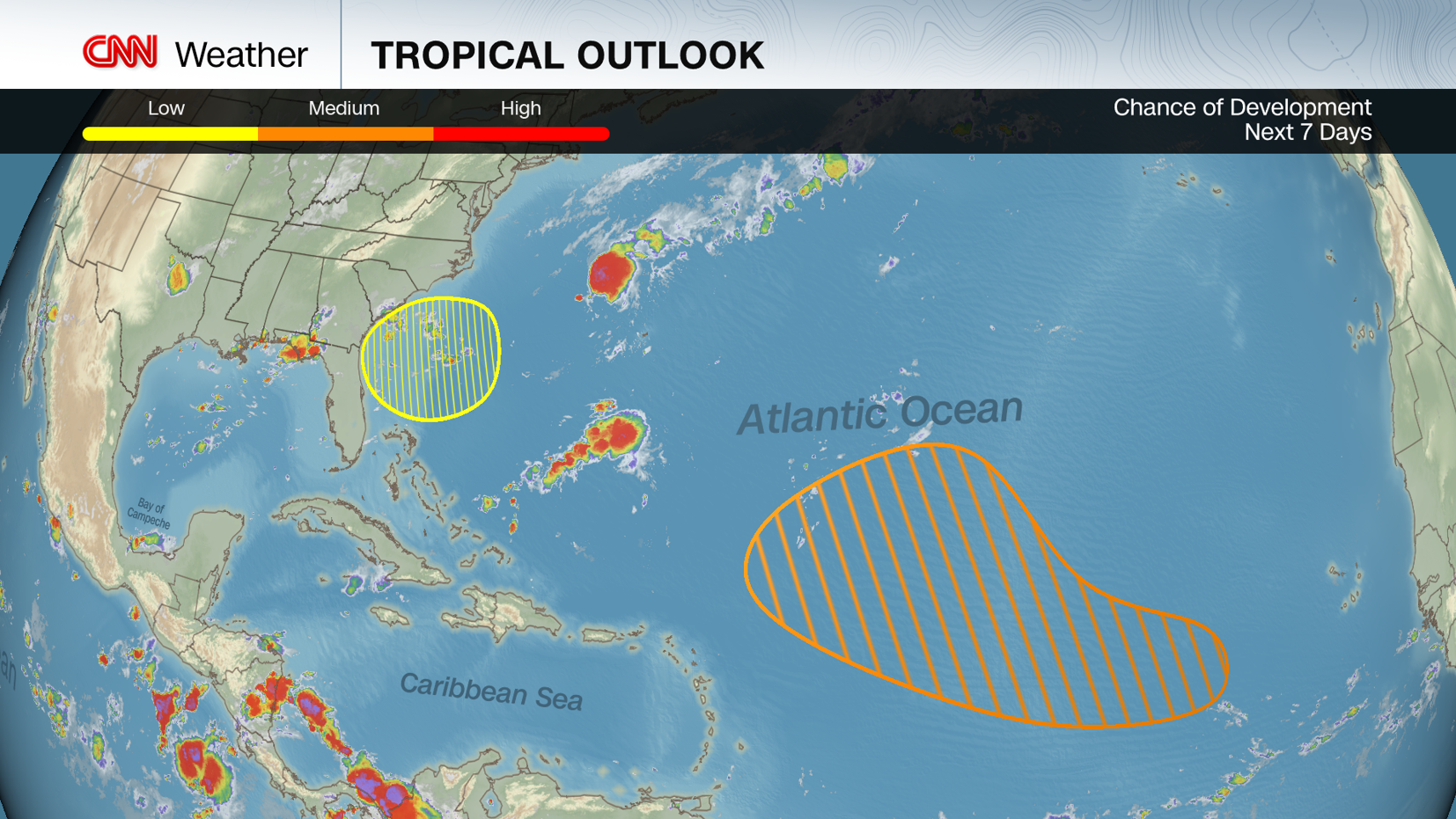 Hay dos áreas a tener en cuenta por el desarrollo tropical esta semana, además de la tormenta tropical Dexter, según el Centro Nacional de Huracanes. Crédito obligatorio:CNN Weather vía CNN Newssource