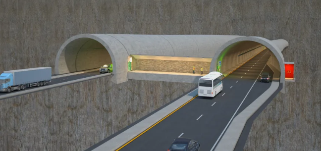 Esta ilustración muestra la configuración de doble tubo de Rogfast, con un paso de emergencia central. El diseño incluye conexiones transversales, vías de escape peatonales e instalaciones de seguridad para un flujo de tráfico eficiente y acceso de emergencia. Skanska