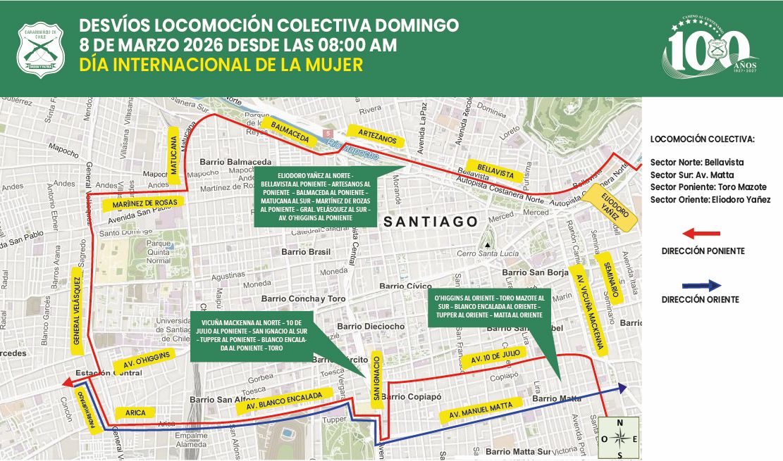 8M: Disponen desvíos de tránsito en el centro de Santiago, Providencia y Recoleta por marchas/Carabineros